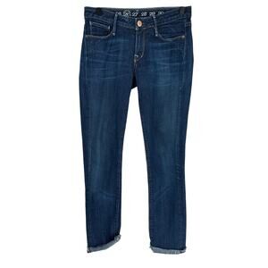 Earnest Sewn Blue Straight Leg Jeans Cuffed Hem Mid Rise 26 Stretch Premium